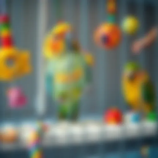 Colorful toys for pet birds in a cage