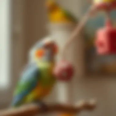 Bird interacting with its owner using a toy