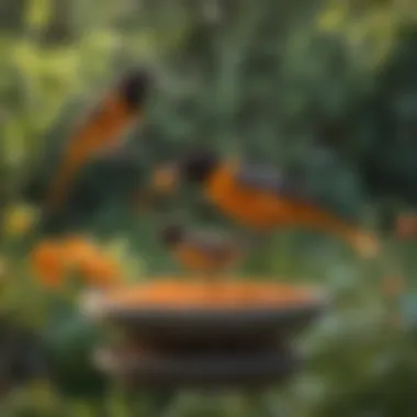 A picturesque garden scene featuring orioles feeding from a First Nature feeder.