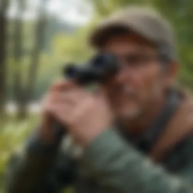 A dedicated birdwatcher observing birds with binoculars, highlighting the passion for avian study.