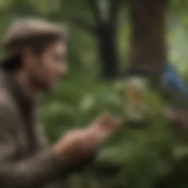 A user engaging with a bird song app in a lush outdoor setting