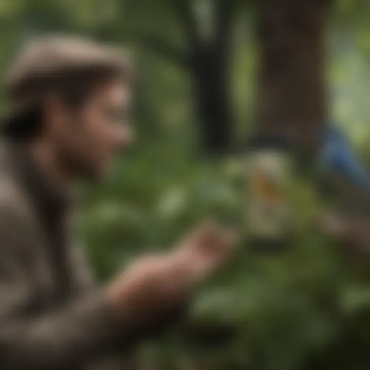 A user engaging with a bird song app in a lush outdoor setting