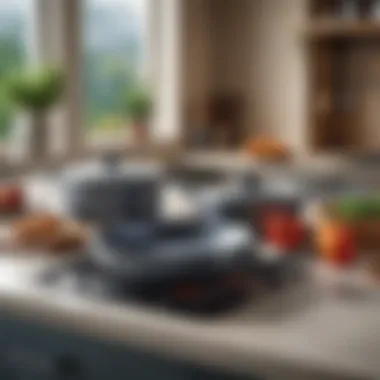 Elegant Display of Granite Bluestone Cookware Granite bluestone cookware set displayed elegantly in a kitchen setting.