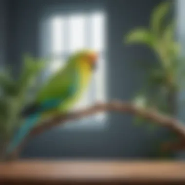 Tranquility with Pet Birds A serene indoor environment featuring a vibrant parakeet perched on a branch, symbolizing tranquility.