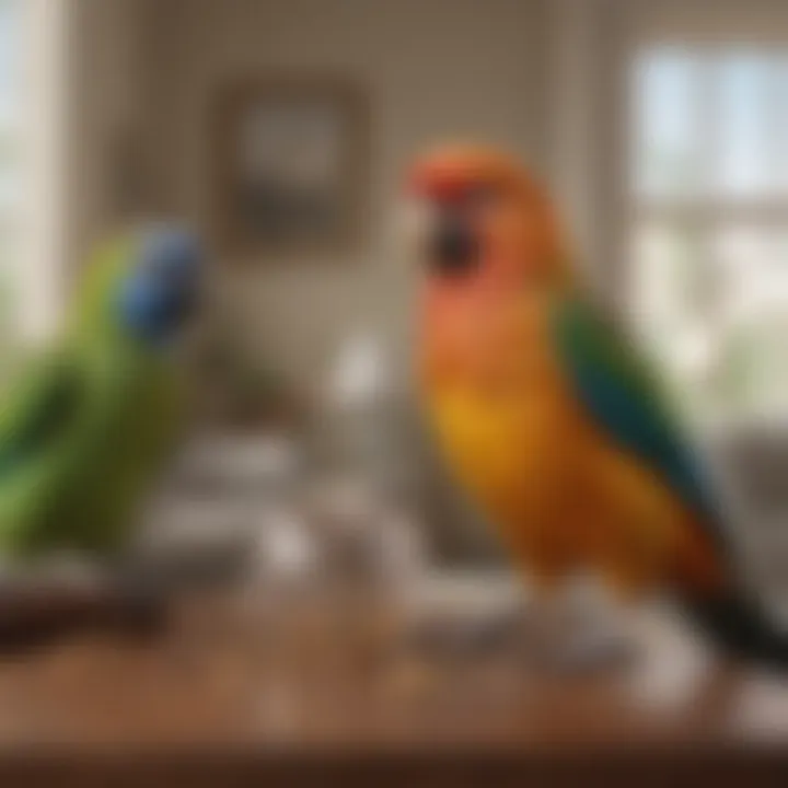 A peaceful living room scene showcasing a variety of pet birds, conveying joy and emotional support.