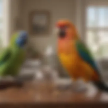Emotional Support from Pet Birds A peaceful living room scene showcasing a variety of pet birds, conveying joy and emotional support.