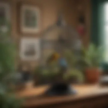 Integrating Birds into Daily Life A calming workspace adorned with a colorful birdcage and greenery, representing the integration of avian companions in daily life.