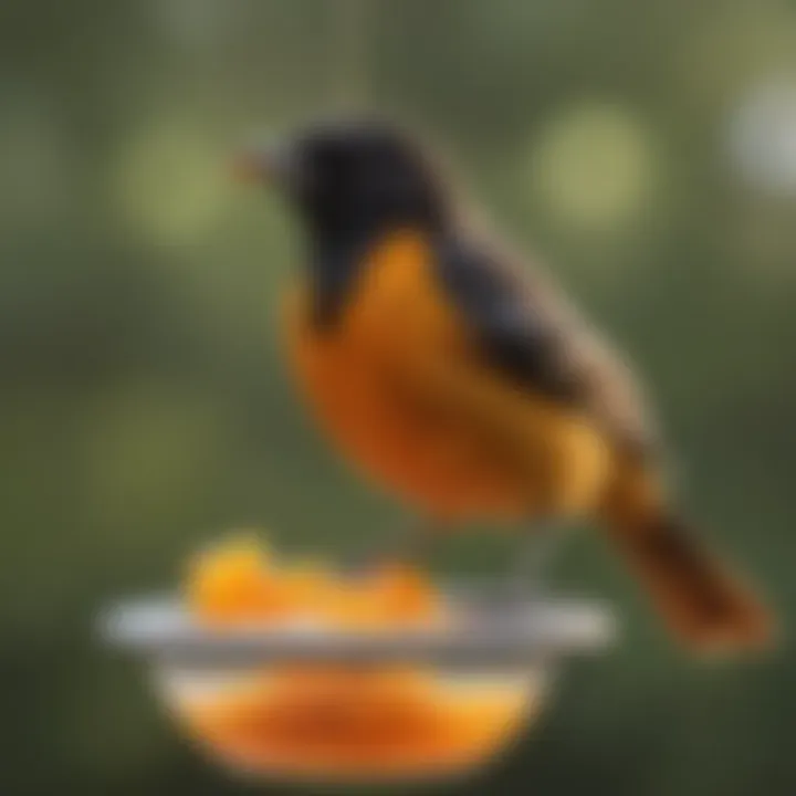 Close-up of an oriole visiting a jelly feeder