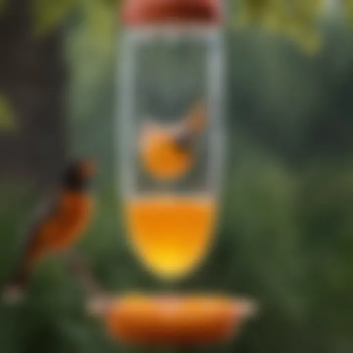 Beautiful oriole feeding from a jelly bird feeder