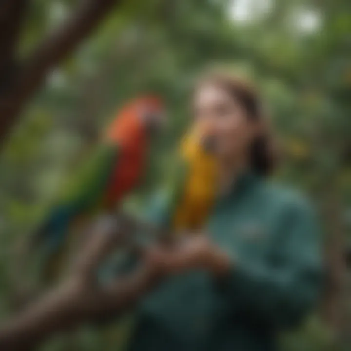 A caregiver interacting with a parrot on a large tree stand, highlighting the bond between them.