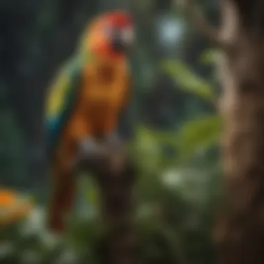 A vibrant large parrot perched on a tree stand surrounded by natural foliage.