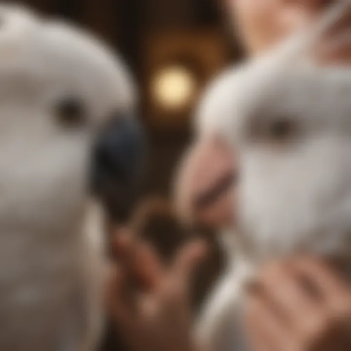 A close-up of a bird owner gently interacting with their cockatoo, showcasing the bond between them.