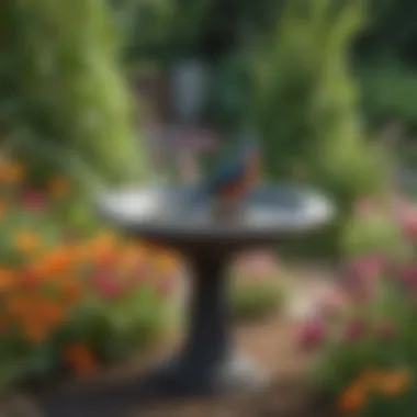 Bird bath surrounded by vibrant flowers