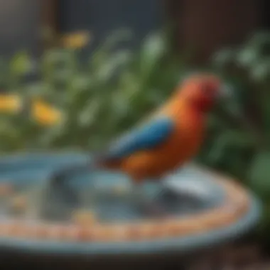 Colorful ceramic bird bath attracting birds