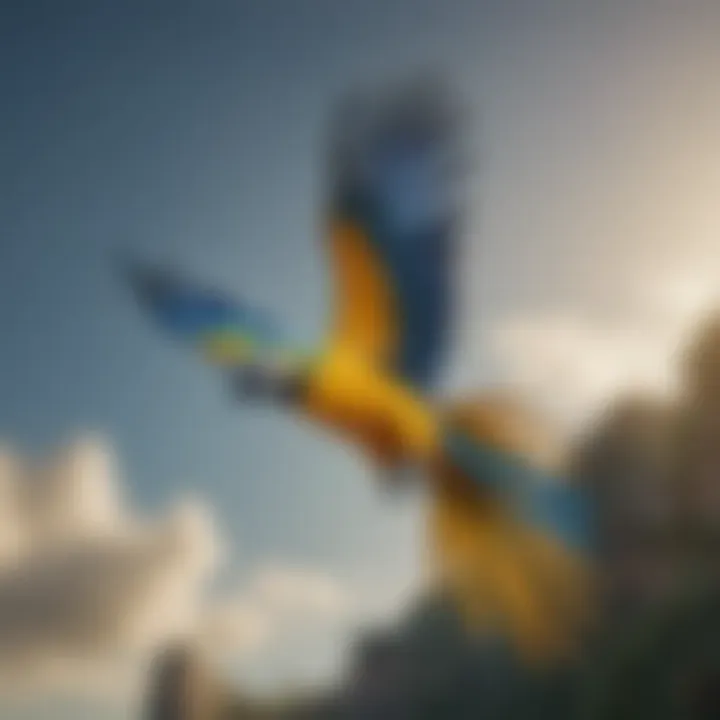 A graceful Blue-and-Yellow Macaw in flight, highlighting its striking coloration and impressive wingspan.