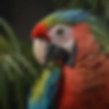 A close-up of a Green-Winged Macaw, focusing on its intricate feather patterns and vibrant eyes.