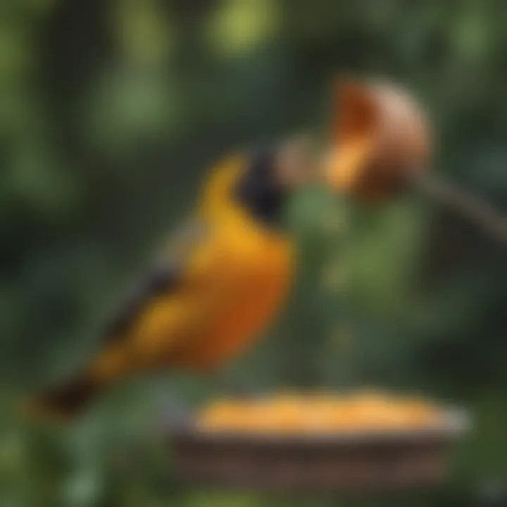 An oriole enjoying a meal from a well-placed feeder in a garden