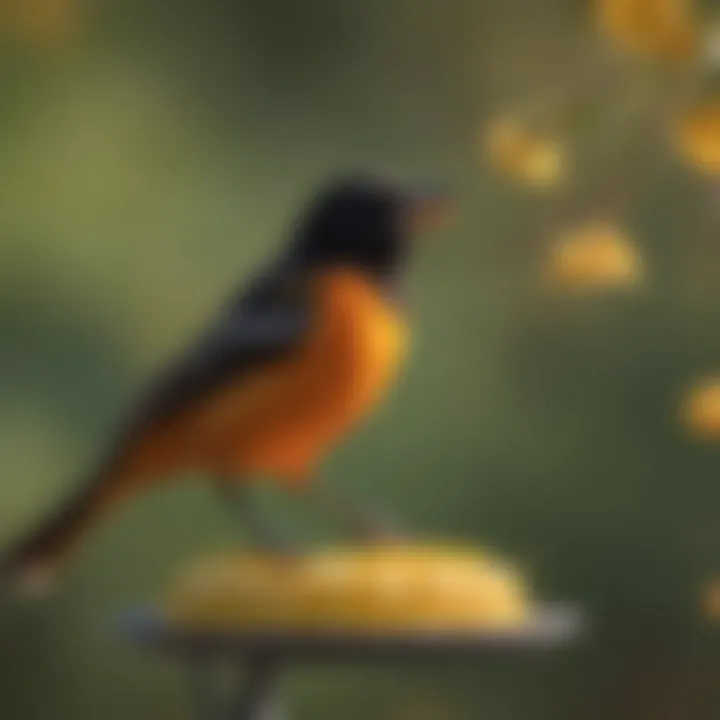 A vibrant oriole perched on a colorful feeder filled with nectar