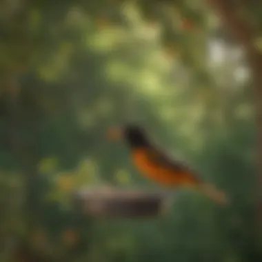 A colorful oriole perched near a feeder