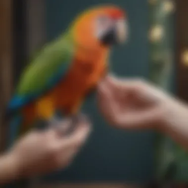 Gentle Interaction with Avian Friends A close-up of a bird owner's hand interacting gently with a vibrant parrot.