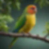 A colorful parakeet perched on a branch surrounded by greenery