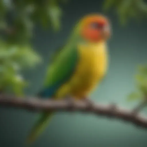 A colorful parakeet perched on a branch surrounded by greenery