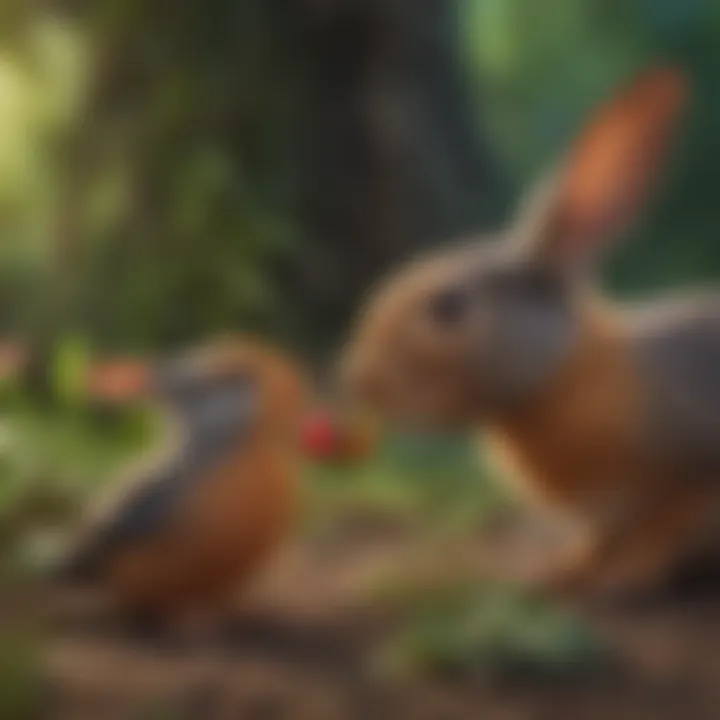 A small mammal, such as a rabbit, interacting with a colorful bird