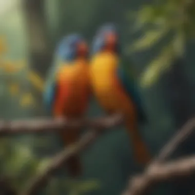 Colorful pet birds perched on a branch