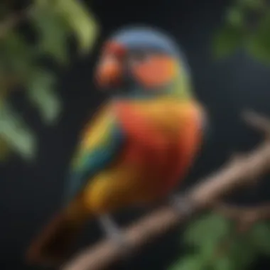 A vibrant pet bird perched on a branch, showcasing a variety of colors.