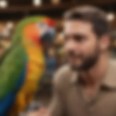 An enthusiastic customer interacting with a colorful parrot