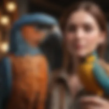 An interactive scene of a bird owner training their feathered companion.