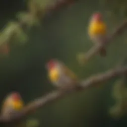 A colorful assortment of finches perched on branches in a vibrant habitat