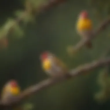 A colorful assortment of finches perched on branches in a vibrant habitat