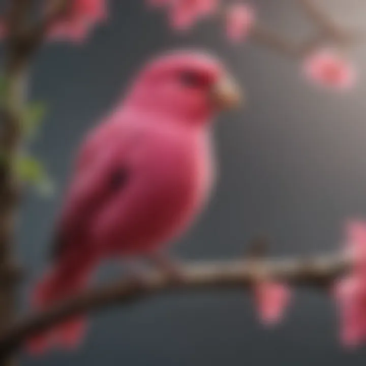 A vibrant pink pet bird perched on a branch