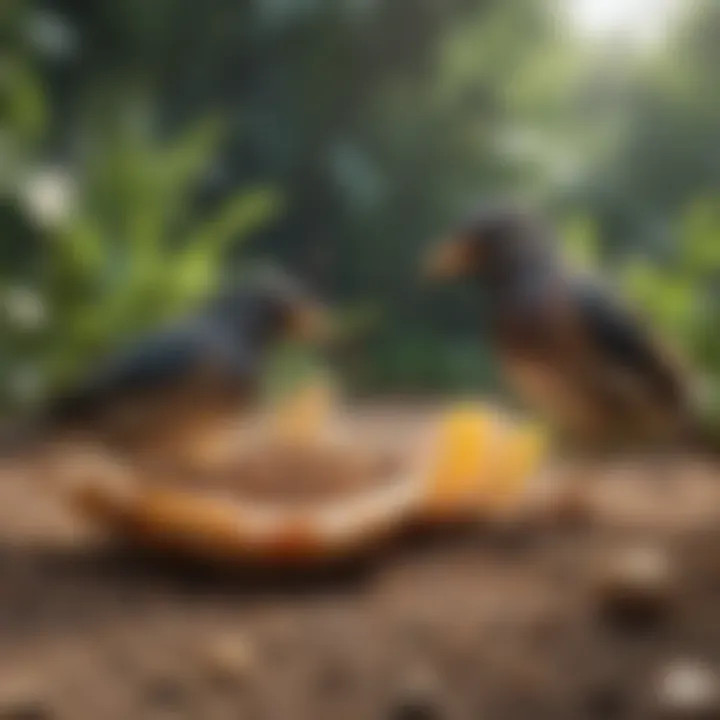 Birds enjoying shell-less seeds in a lush garden environment