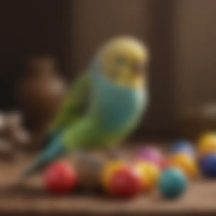 An inquisitive budgerigar exploring its colorful toys and perches.