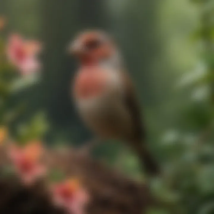 A charming finch in a natural habitat, surrounded by foliage and flowers.