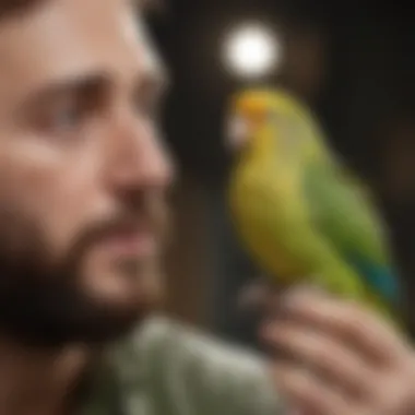 A parakeet engaging with its owner, showcasing the bond between them.