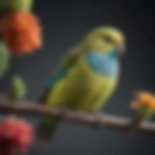 A vibrant budgerigar perched on a branch, showcasing its colorful plumage.