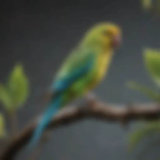 A vibrant parakeet perched on a branch