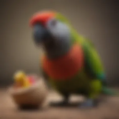 A close-up of a ringneck parrot displaying its social behavior with toys