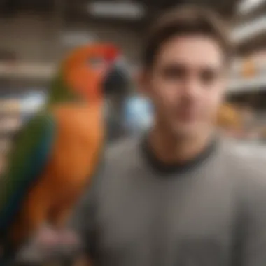 A knowledgeable Petco staff member assisting a customer with bird selection.