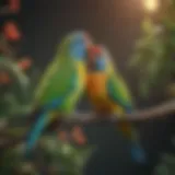 Colorful parakeets perched on a branch