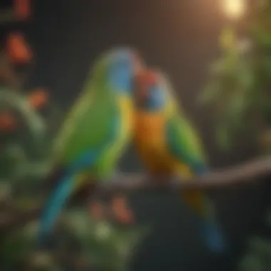 Vibrant Parakeets in their Natural Habitat Colorful parakeets perched on a branch