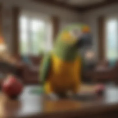 Amazon Parrot: The Entertainer A playful Amazon parrot interacting with toys in a bright living room.
