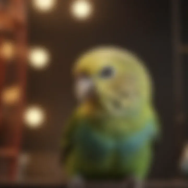 A cheerful Budgerigar in a colorful cage, engaging with its surroundings.