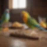 A colorful assortment of healthy parakeet treats displayed on a wooden table