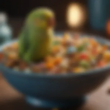 A close-up of commercial parakeet treats in a decorative bowl