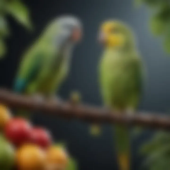 A parakeet enjoying a natural fruit treat perched on a branch