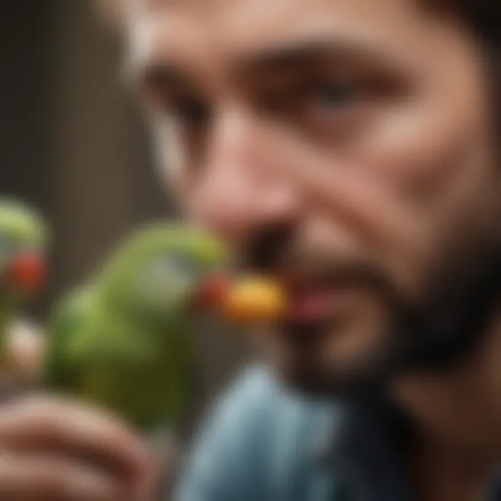 A pet owner feeding a parakeet with a focus on moderation